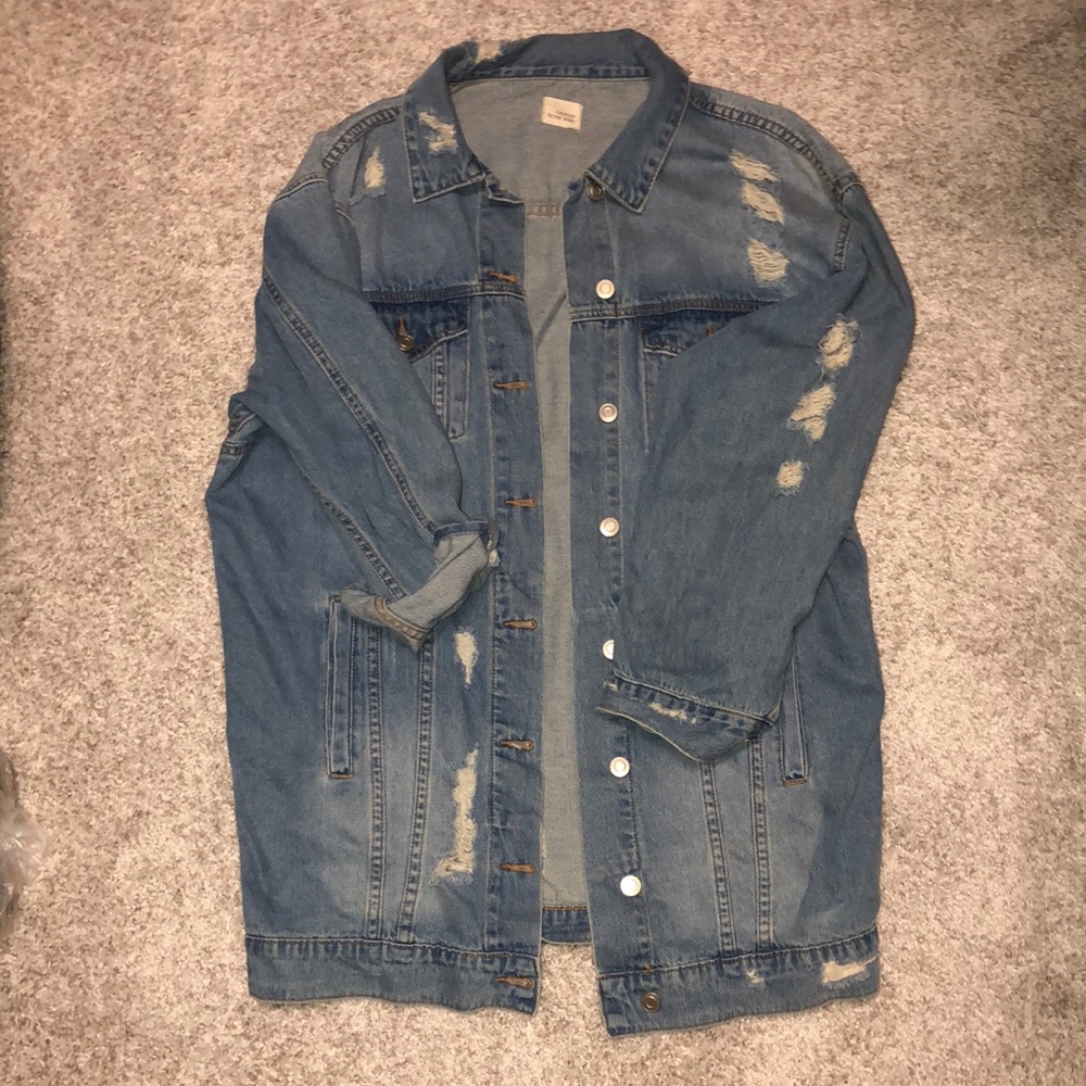 100% cotton oversized long distressed jean jacket